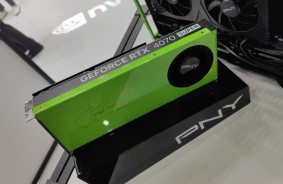 At Computex 2024, NVIDIA CEO Jen-Hsun Huang signed the PNY RTX 4070 SUPER graphics card - it's green and will fit into SFF-Ready