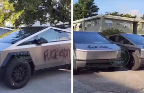 Ilon Musk's haters have painted some Tesla Cybertruck - in two words writing what they'd like to do with it