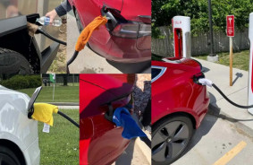 Tesla urges not to wrap a wet towel around the Supercharger charger