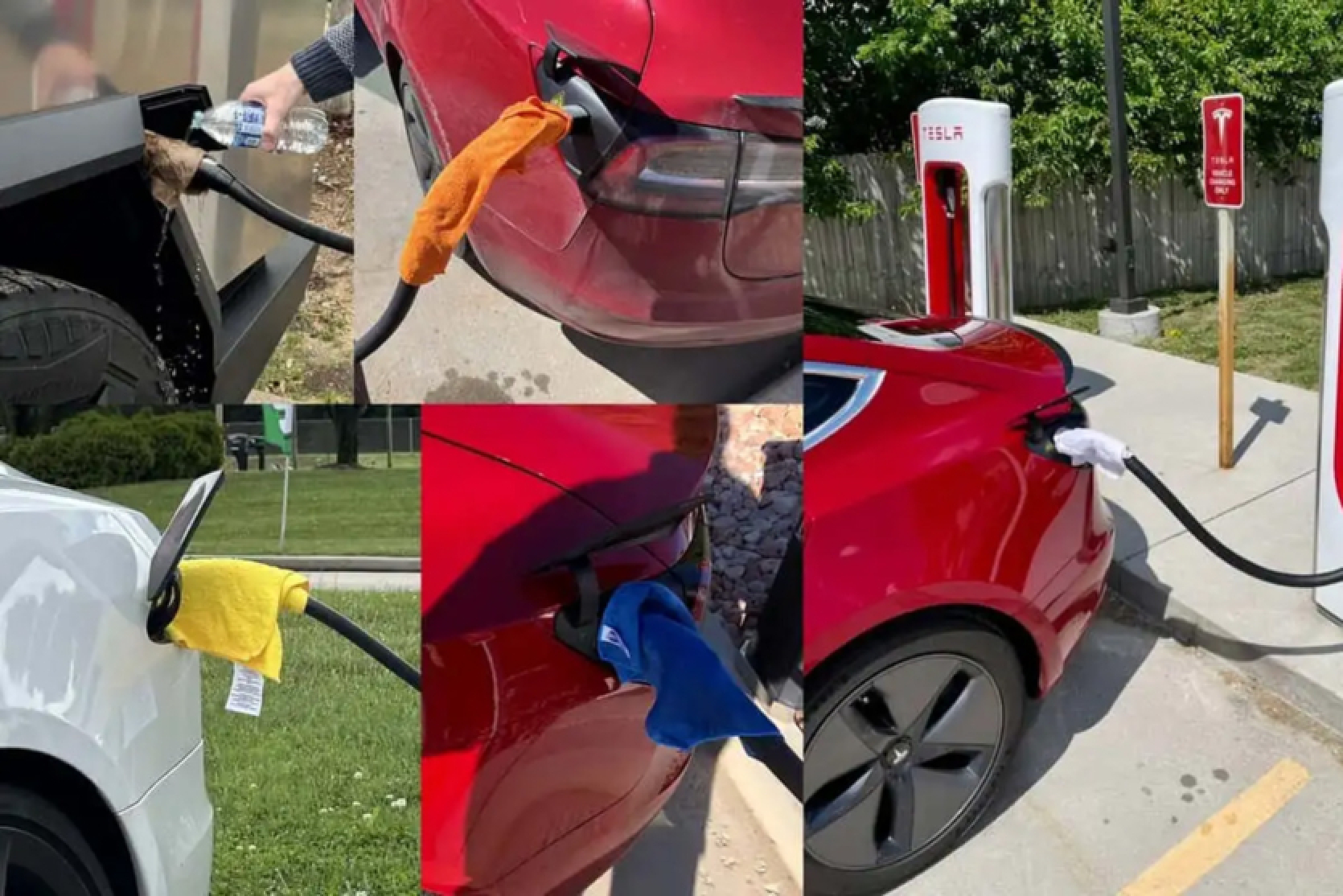 Tesla urges not to wrap a wet towel around the Supercharger charger